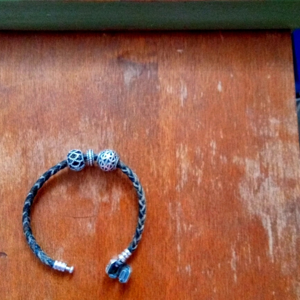Pandora Leather Bracelet with three Pandora Beads
